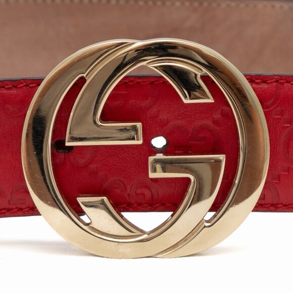 GUCCI Red Leather Signature Monogram Interlocking GG Gold Buckle Belt 100•40 main image 11